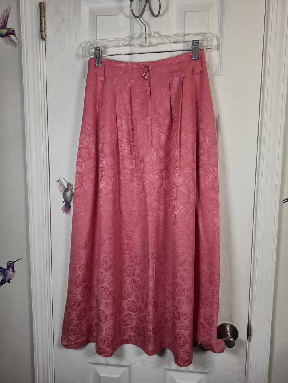 Vintage Outback Pink 100% Silk Jacquard Rose Floral Midi Skirt Size 6